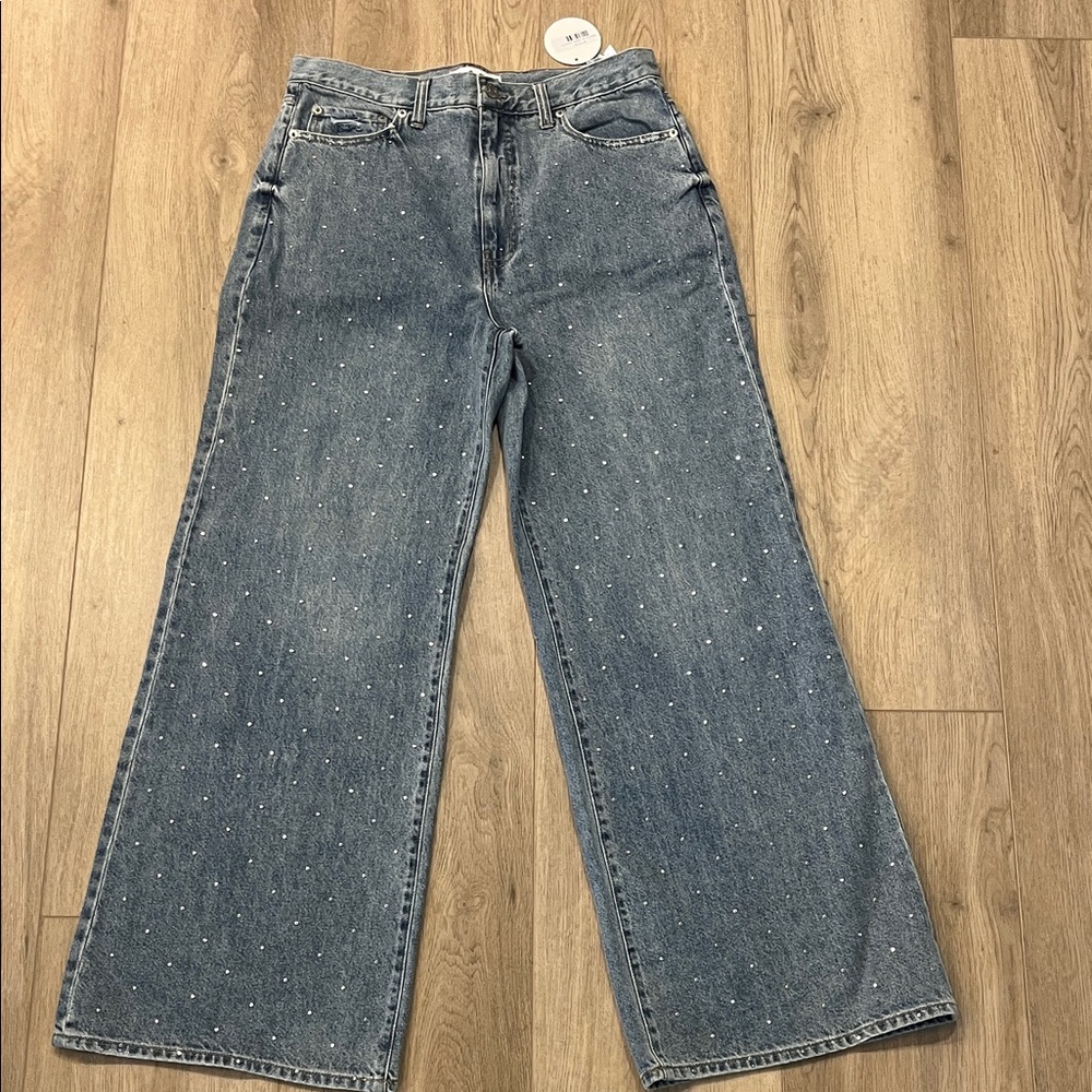 NWT Wide-Leg High-Rise Denim Jeans with Silver Embellishment